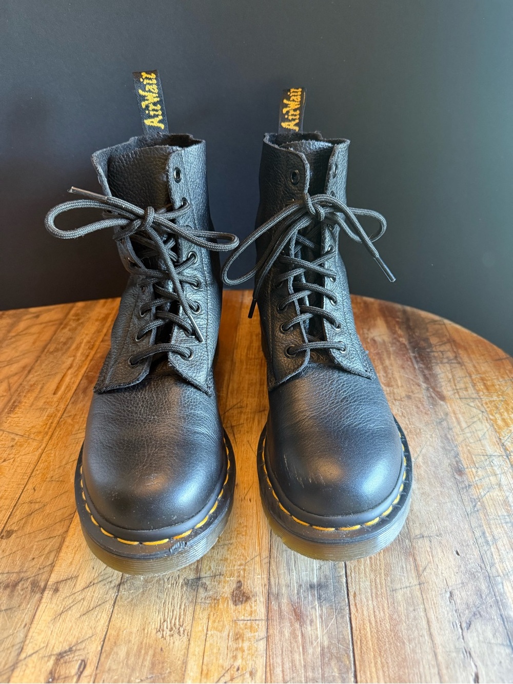 Dr. Martens Black Leather Lace-Up Combat Boots with Yellow Stitching